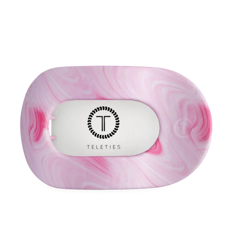 Doodlations Coffee Bar & Boutique TELETIES flat round hair clip in a pink and white marbled swirl pattern