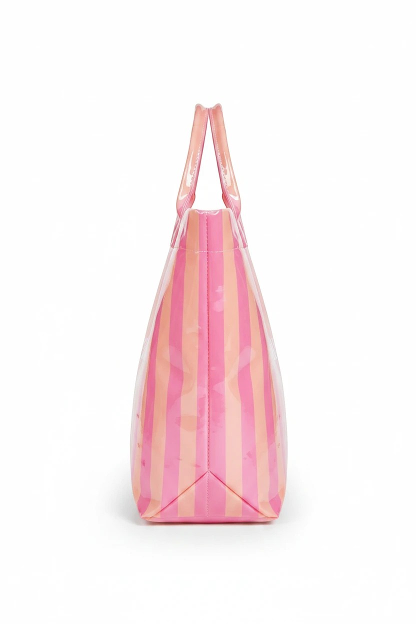 Doodlations Coffee Bar & Boutique pink and orange vertical striped glossy tote bag, side view on white background.