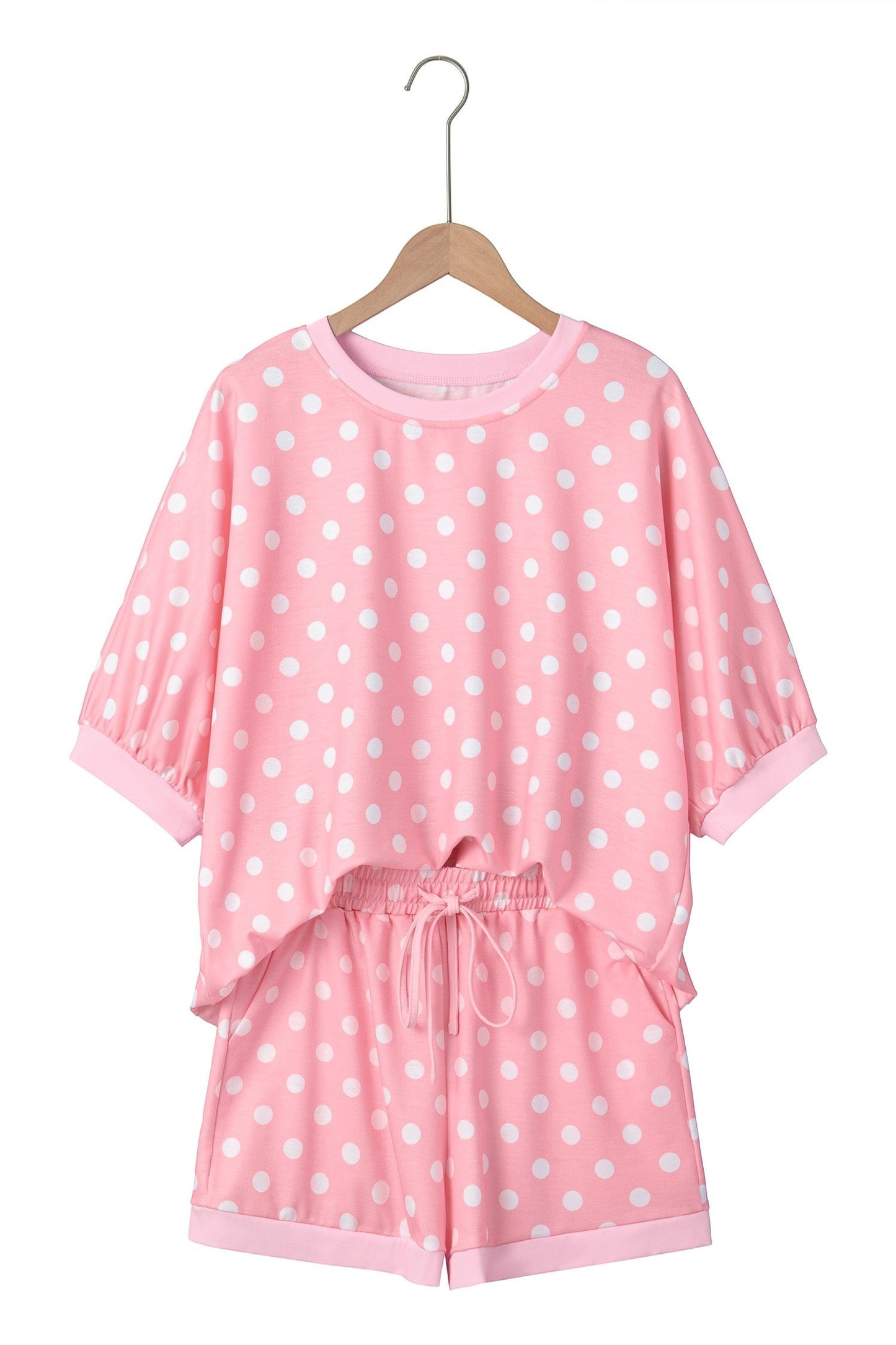 Doodlations Coffee Bar & Boutique pink and white polka dot lounge set with short sleeves and drawstring shorts
