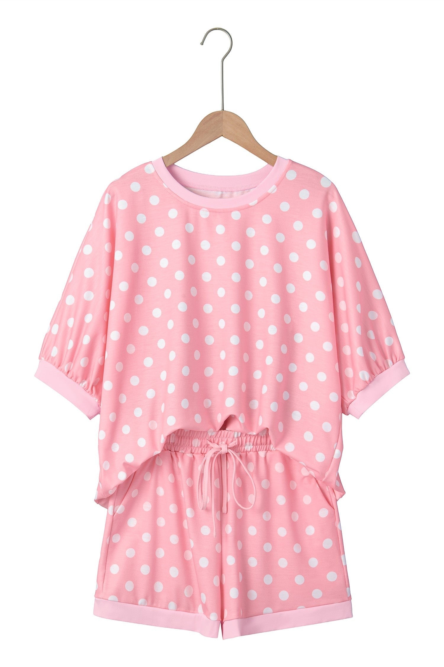 Doodlations Coffee Bar & Boutique pink and white polka dot lounge set with short sleeves and drawstring shorts