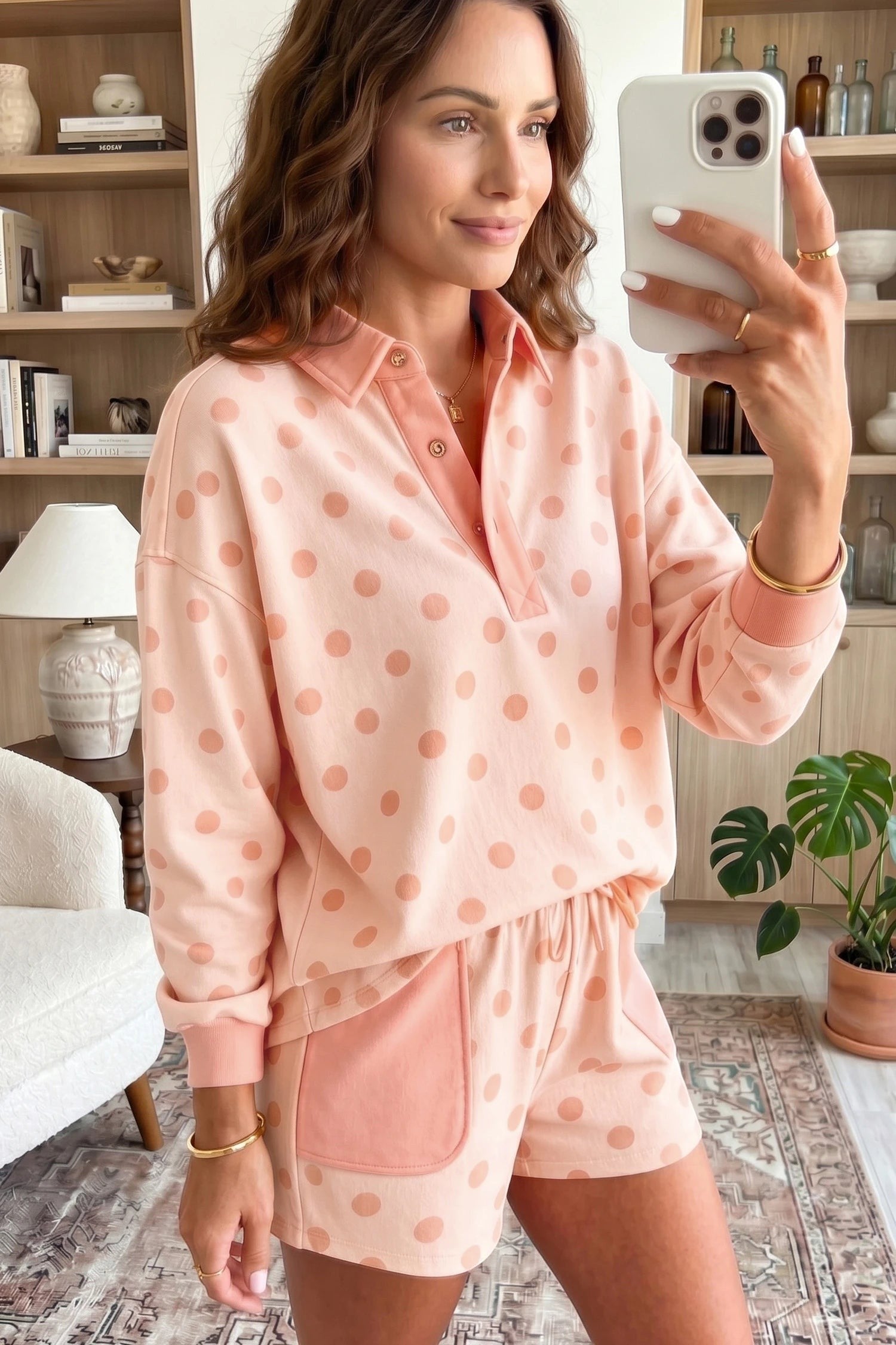 Doodlations Coffee Bar & Boutique pink polka dot drop shoulder polo pullover and matching shorts lounge set