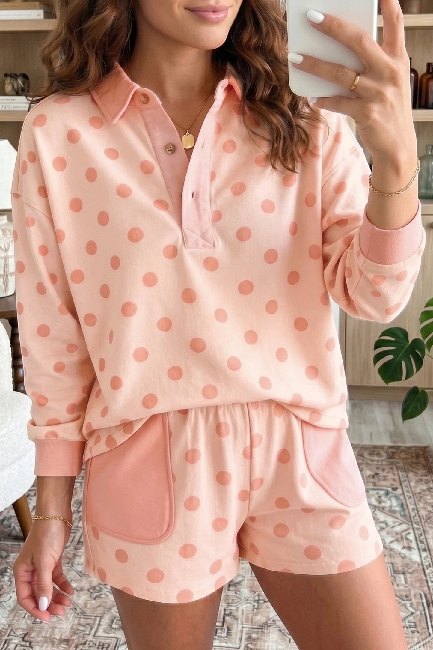 Doodlations Coffee Bar & Boutique pink polka dot drop shoulder polo pullover and matching shorts set with pockets