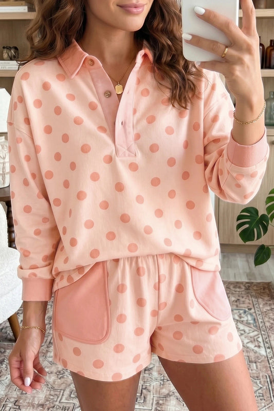 Doodlations Coffee Bar & Boutique pink polka dot drop shoulder polo pullover and matching shorts set with pockets