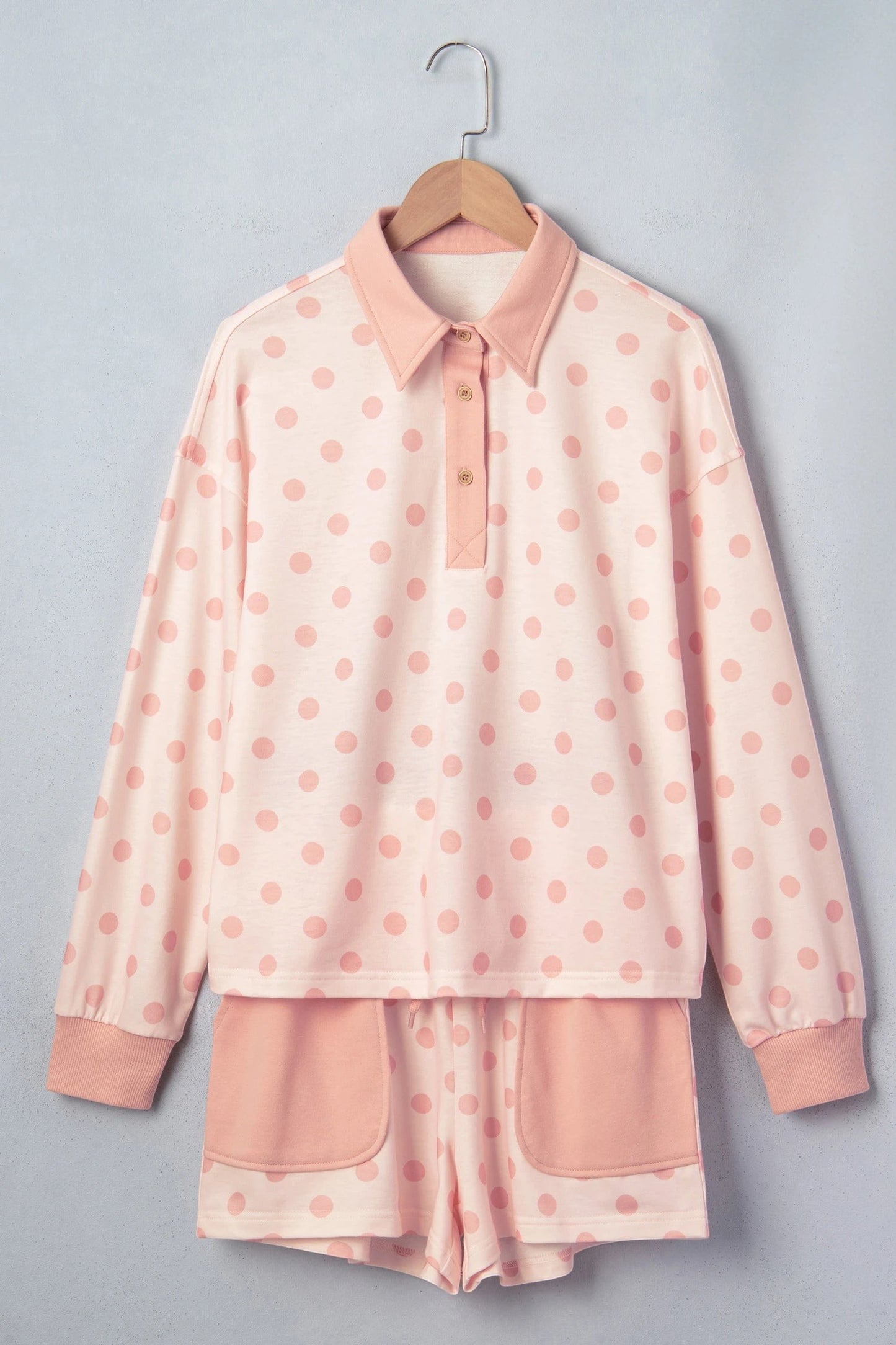 Doodlations Coffee Bar & Boutique pink polka dot drop shoulder polo pullover and matching shorts lounge set