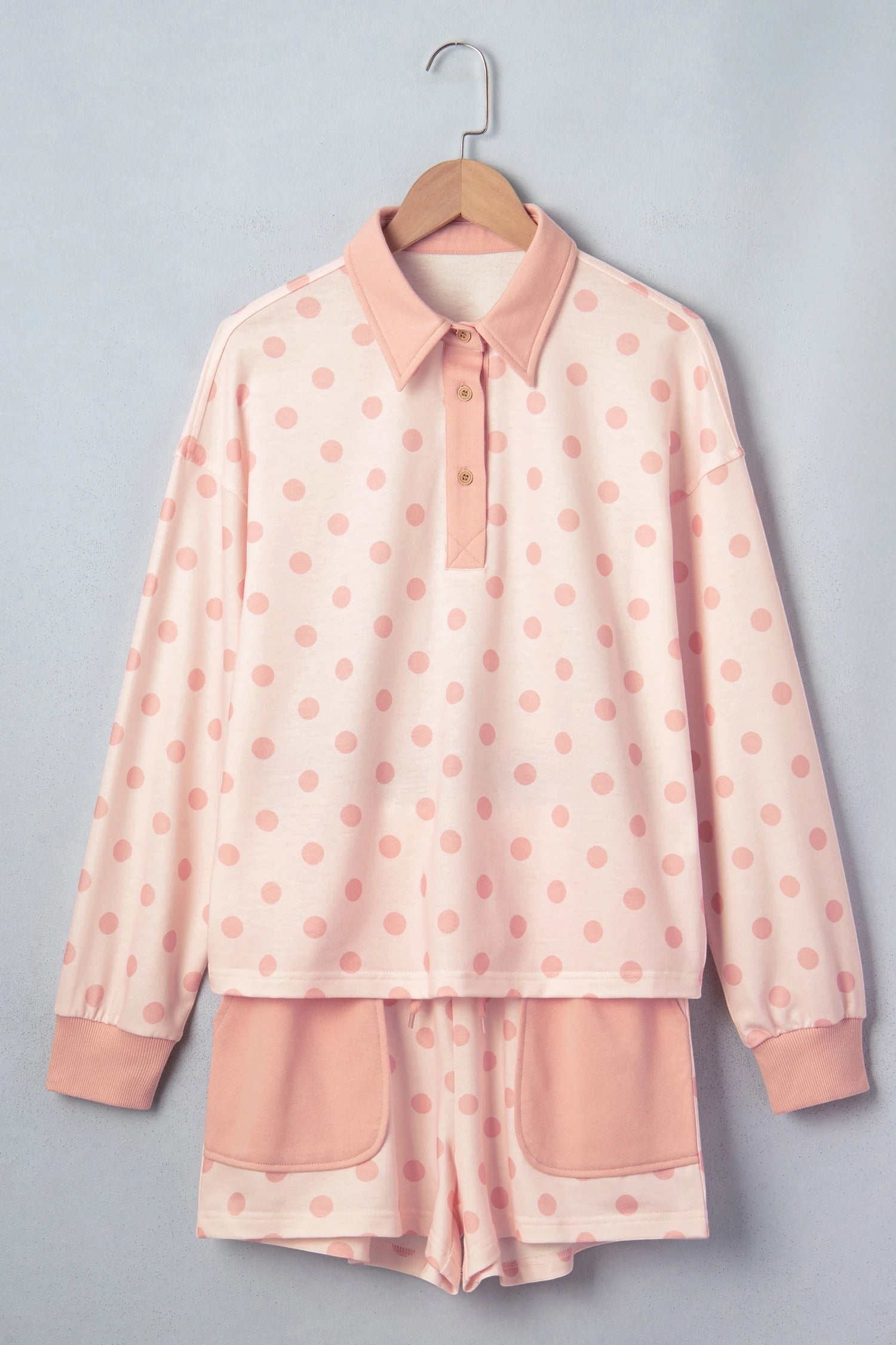 Doodlations Coffee Bar & Boutique pink polka dot drop shoulder polo pullover and matching shorts lounge set