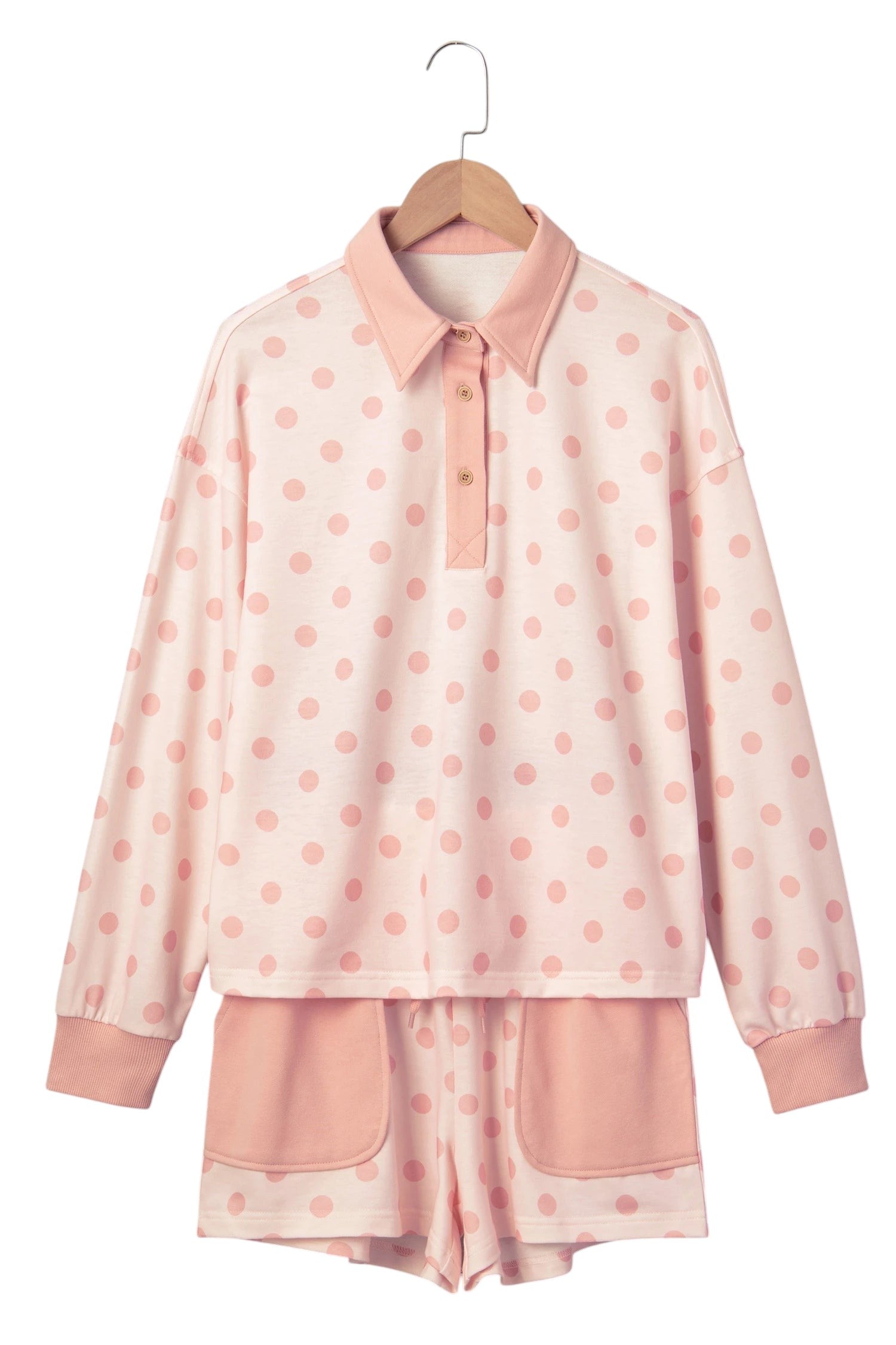 Doodlations Coffee Bar & Boutique pink polka dot drop shoulder polo pullover and matching shorts set with pockets
