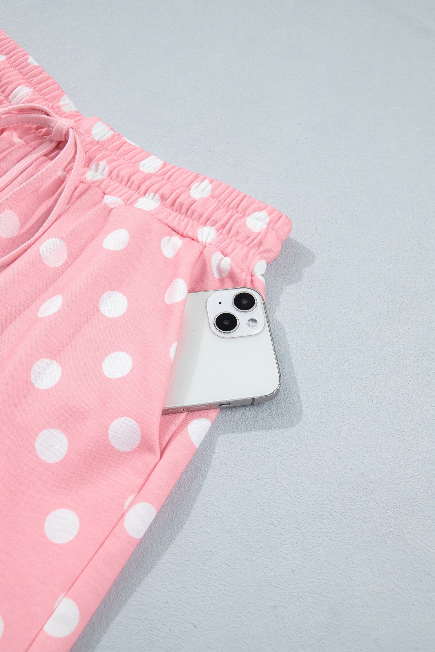 Doodlations Coffee Bar & Boutique pink polka dot lounge shorts with elastic drawstring waist and side pocket