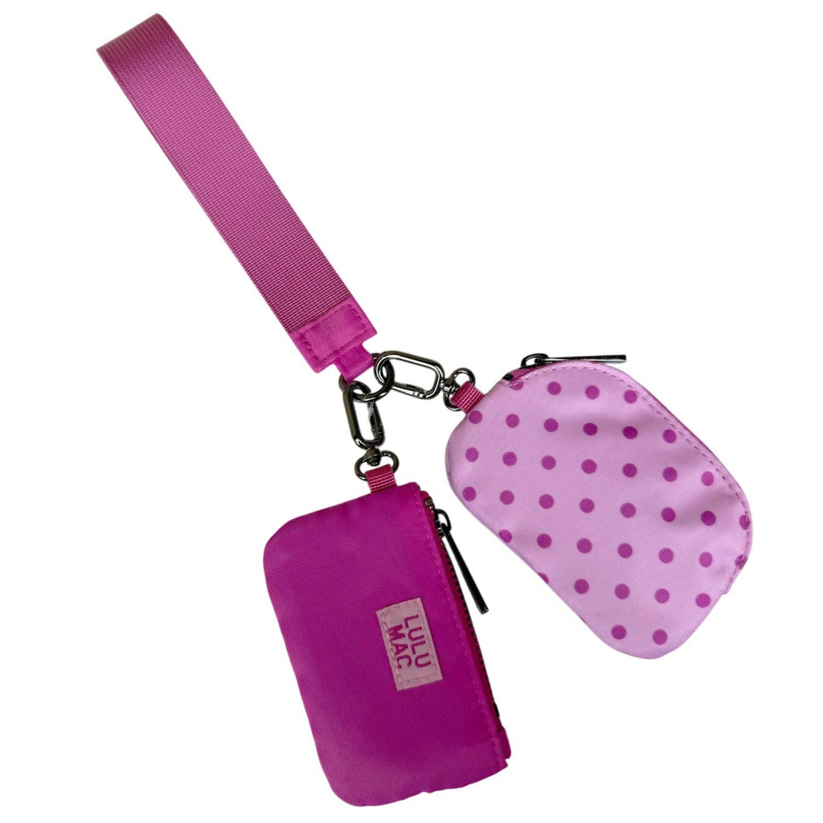Doodlations Coffee Bar & Boutique Lulu Mac double pouch wristlet in pink and hot pink with a polka dot pattern.