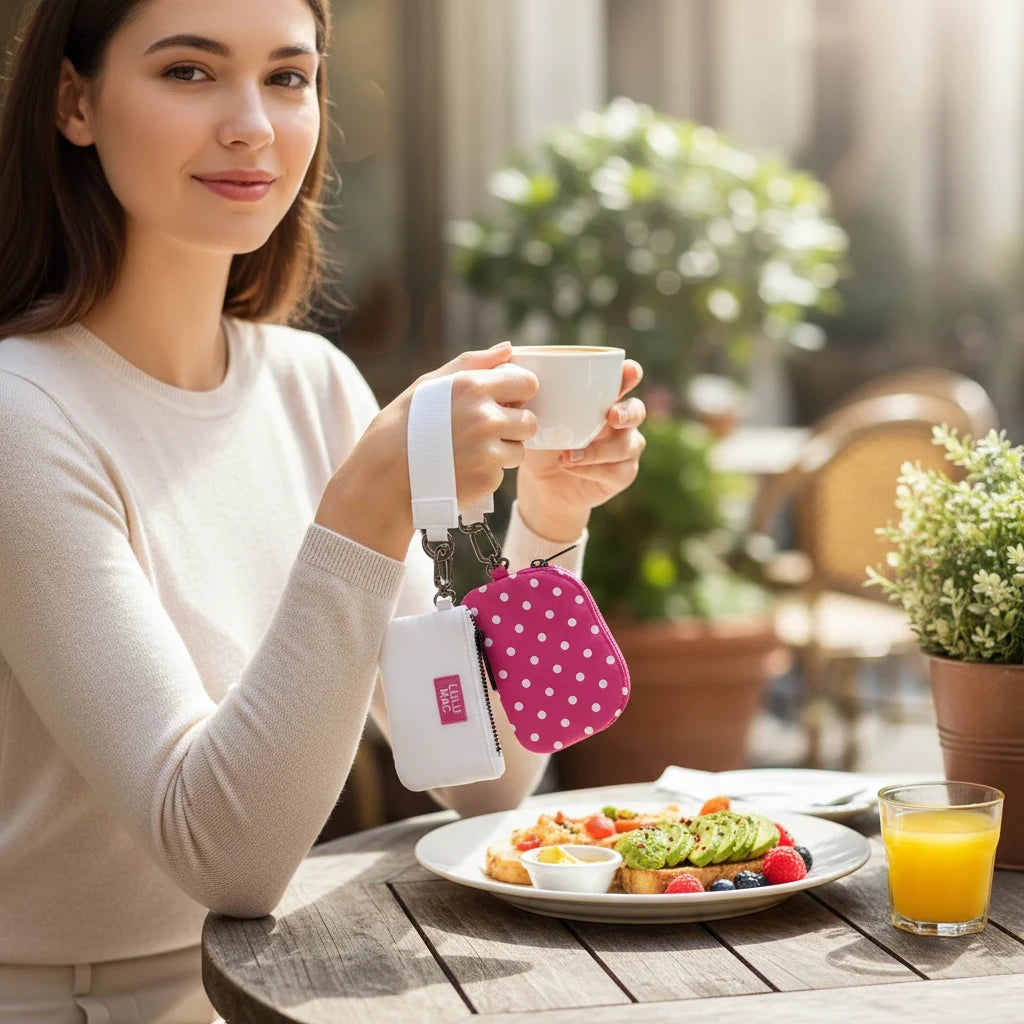 Doodlations Coffee Bar & Boutique Lulu Mac hot pink and white polka dot double pouch wristlet held by a woman at brunch