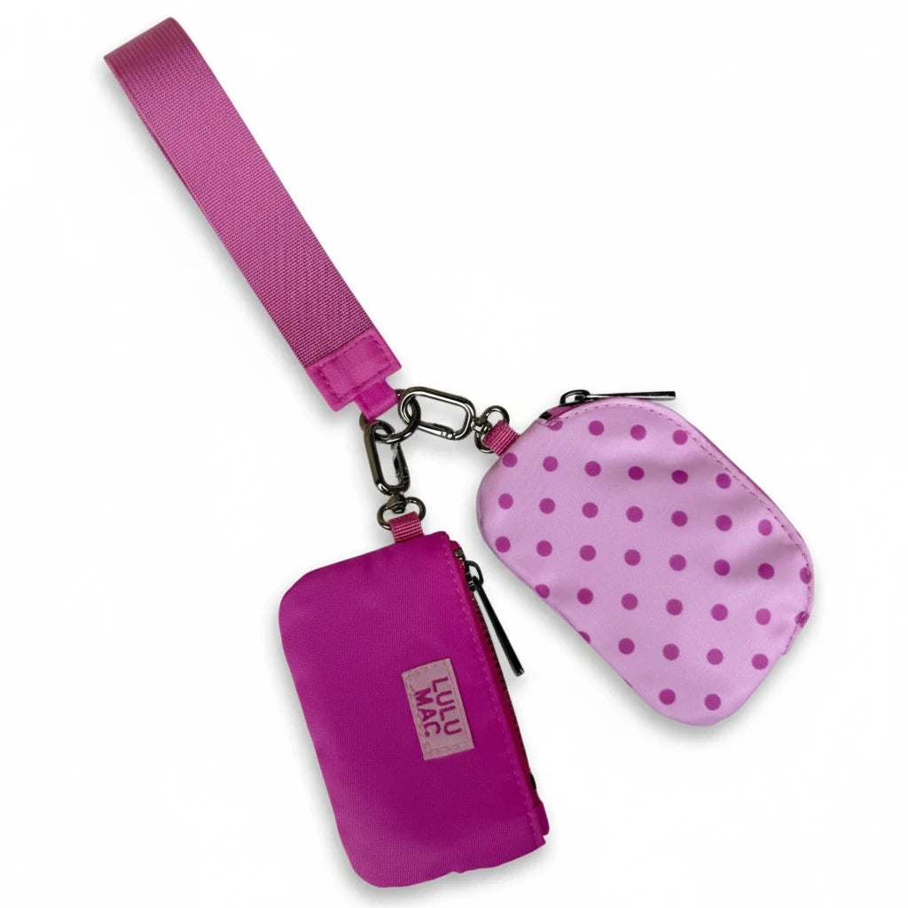 Doodlations Coffee Bar & Boutique Lulu Mac double pouch wristlet in hot pink and light pink with polka dot pattern