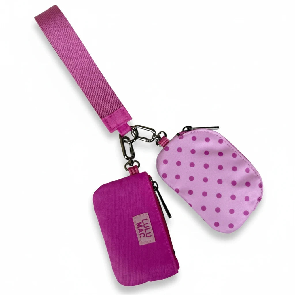 Doodlations Coffee Bar & Boutique Lulu Mac double pouch wristlet in pink and hot pink with polka dot pattern