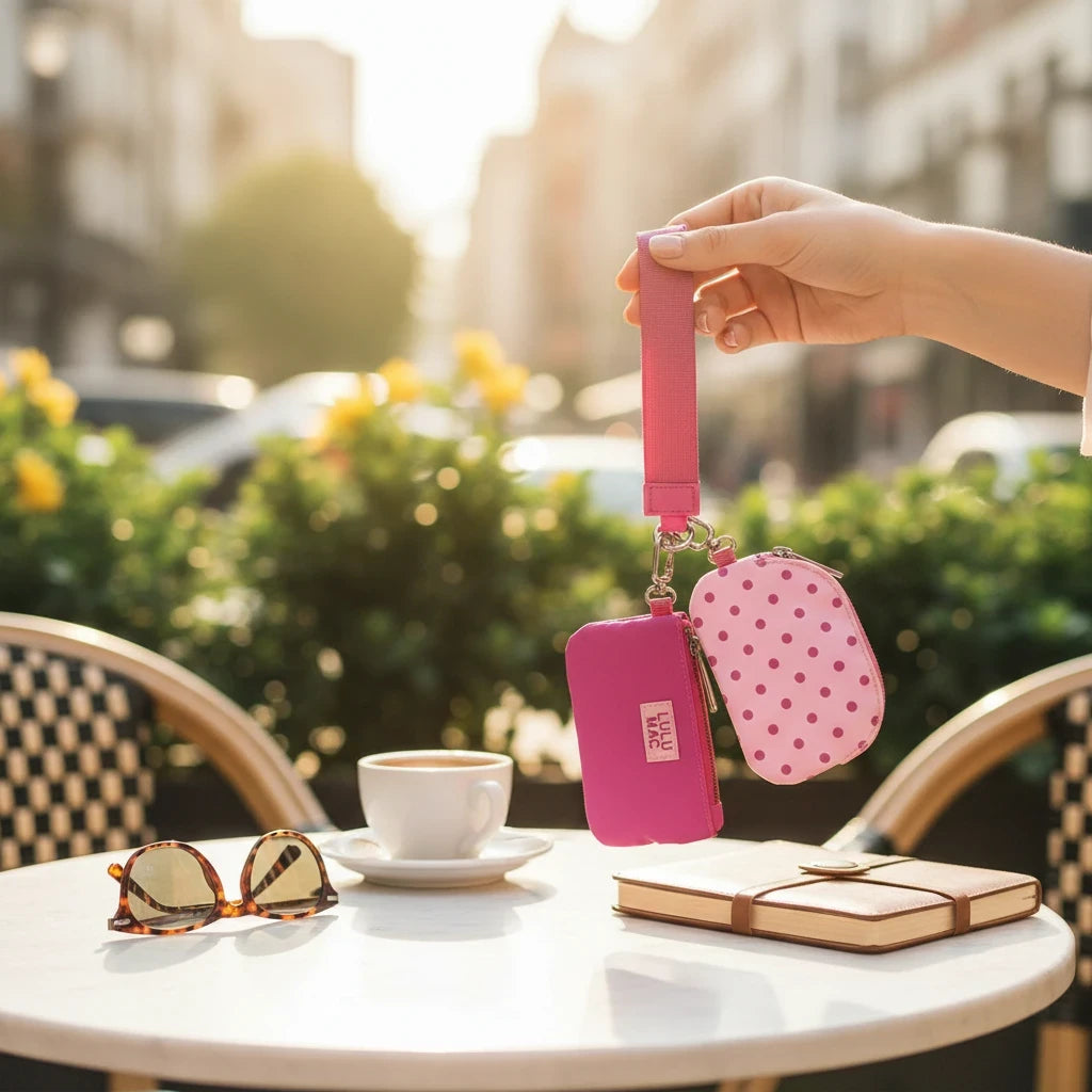 Doodlations Coffee Bar & Boutique Lulu Mac double pouch wristlet in pink and hot pink polka dot print held by hand.