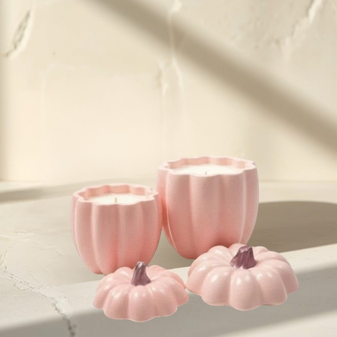 Doodlations Coffee Bar & Boutique pink concrete pumpkin candles in two sizes with removable lids.