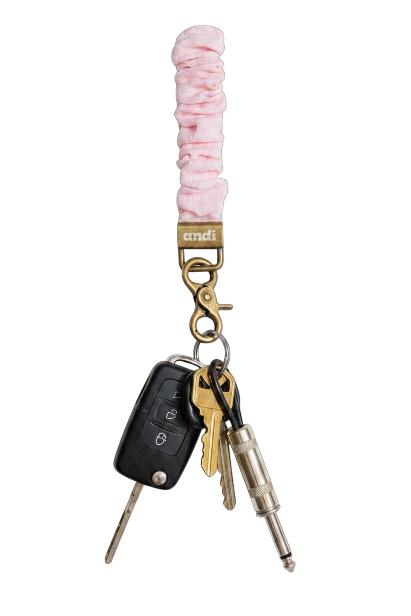 Doodlations Coffee Bar & Boutique light pink floral-textured fabric scrunchie keychain with gold hardware and keys