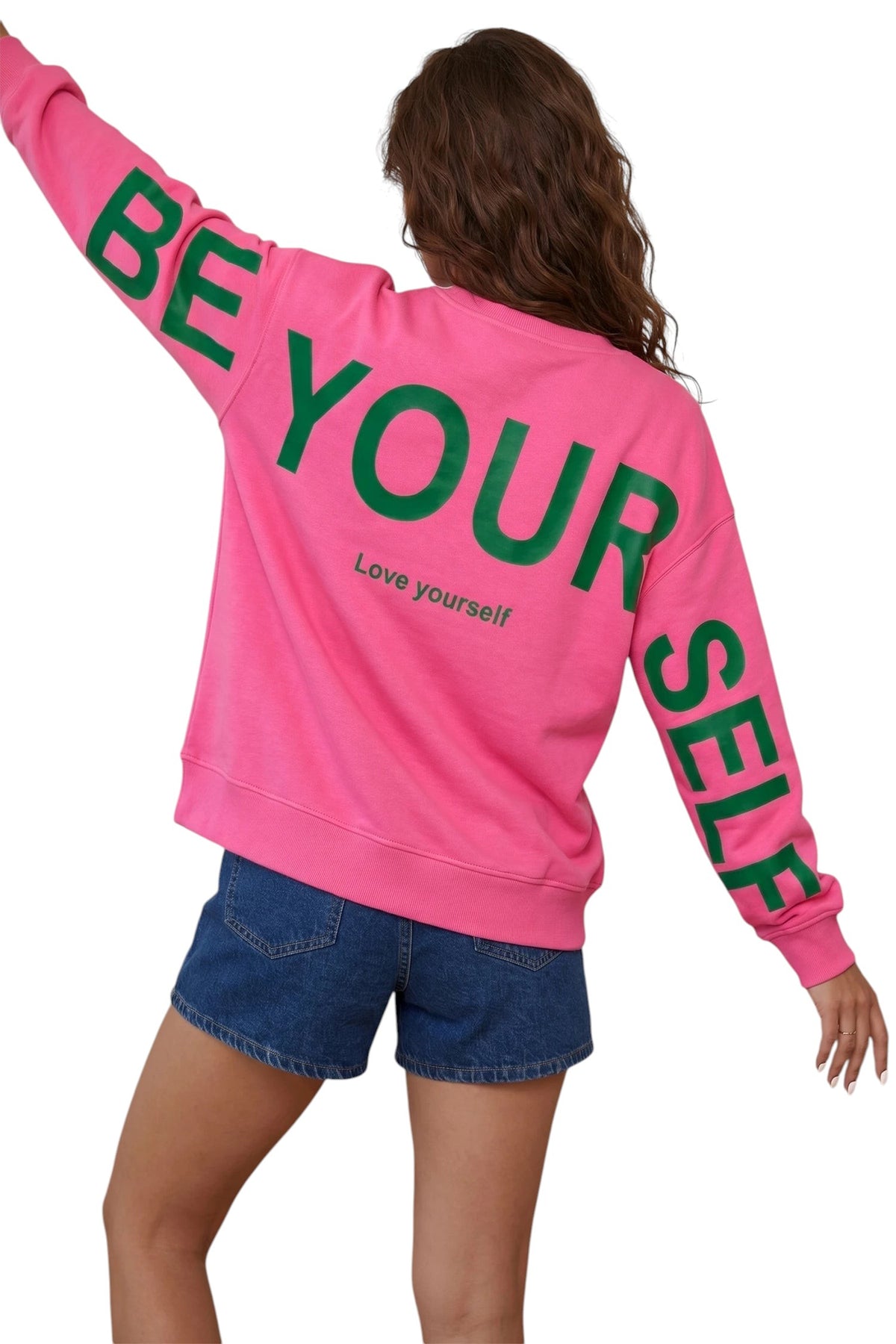 Doodlations Coffee Bar & Boutique pink long sleeve sweatshirt with green Be Yourself slogan print on back and sleeves