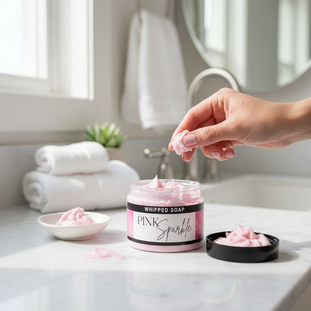 Doodlations Coffee Bar & Boutique Pink Sparkle whipped soap in a jar with a hand scooping the fluffy pink body wash.