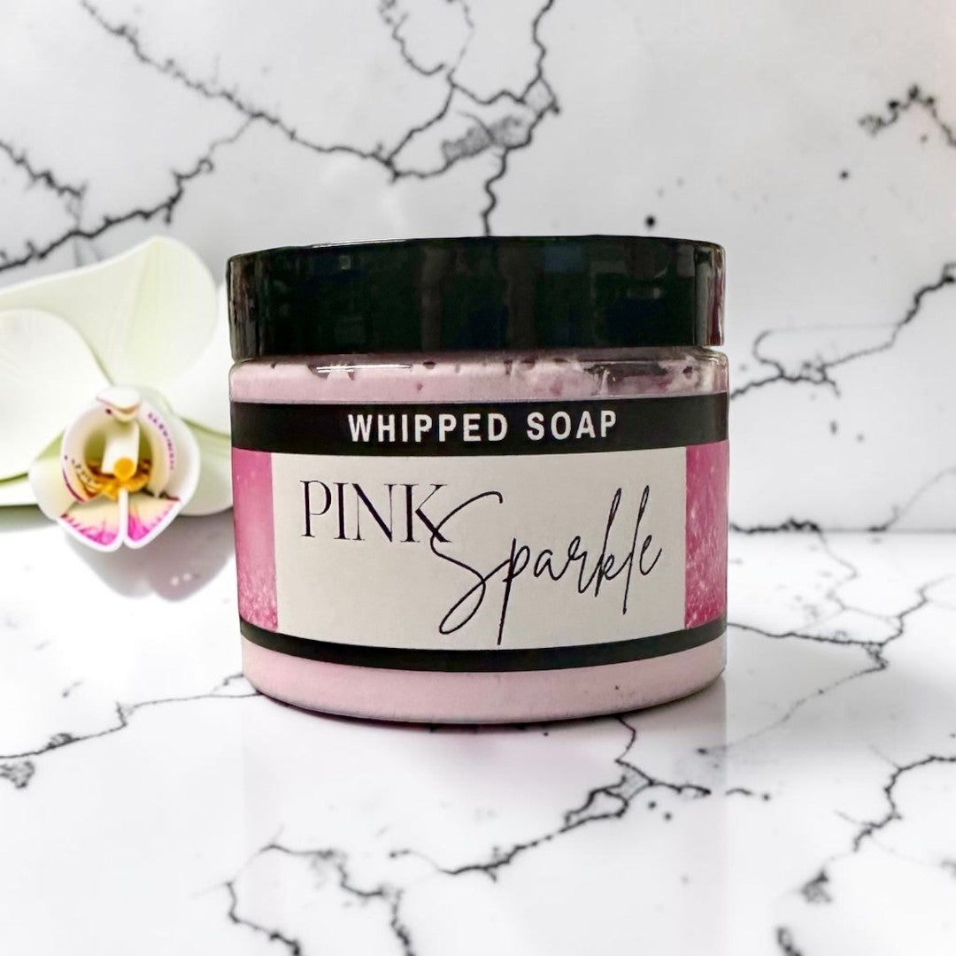 Doodlations Coffee Bar & Boutique Pink Sparkle whipped soap in a 3.5oz jar with cranberry and plum scent.