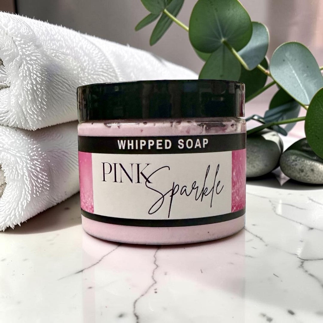 Doodlations Coffee Bar & Boutique Pink Sparkle whipped soap in a 3.5oz jar with cranberry and plum scent.