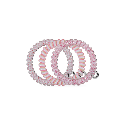 Doodlations Coffee Bar & Boutique Just Keep Swimming spiral hair ties in pink and white swirl pattern