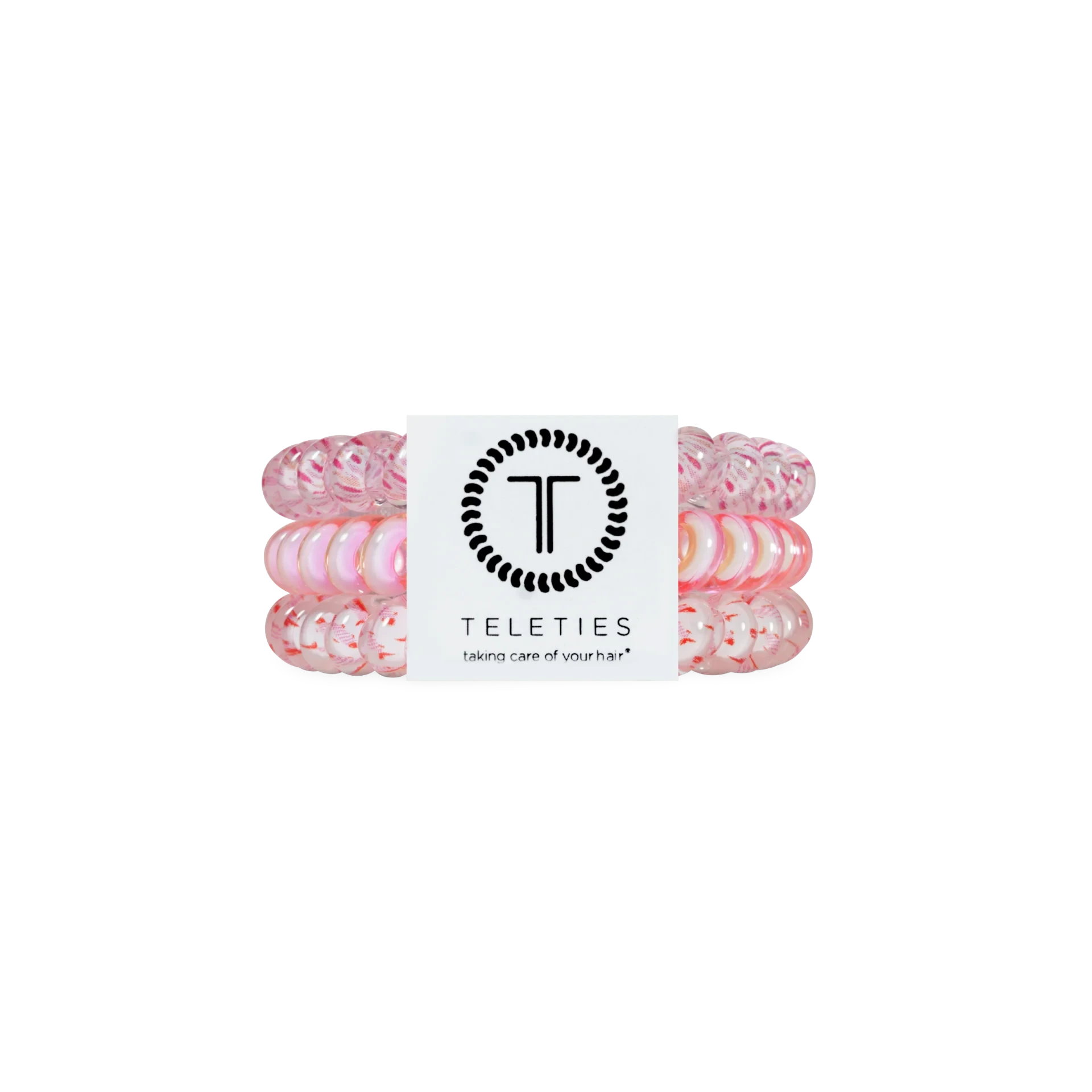 Doodlations Coffee Bar & Boutique Just Keep Swimming spiral hair ties in pink and white, gentle on hair.