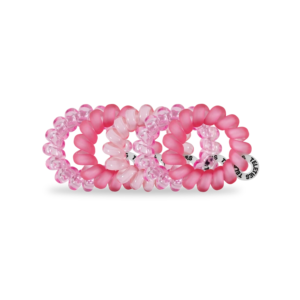 Doodlations Coffee Bar & Boutique pack of five pink spiral coil hair ties for thin hair and braids.