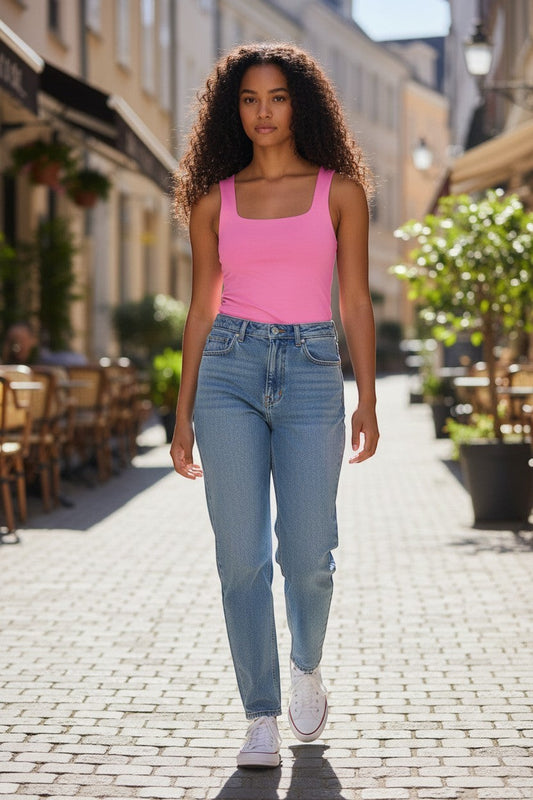 Doodlations Coffee Bar & Boutique pink square neck tank top with a body-hugging fit, made from soft, stretchy fabric.