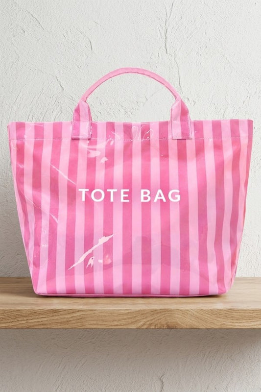 Doodlations Coffee Bar & Boutique pink striped tote bag with glossy PVC finish and white TOTE BAG text on front.