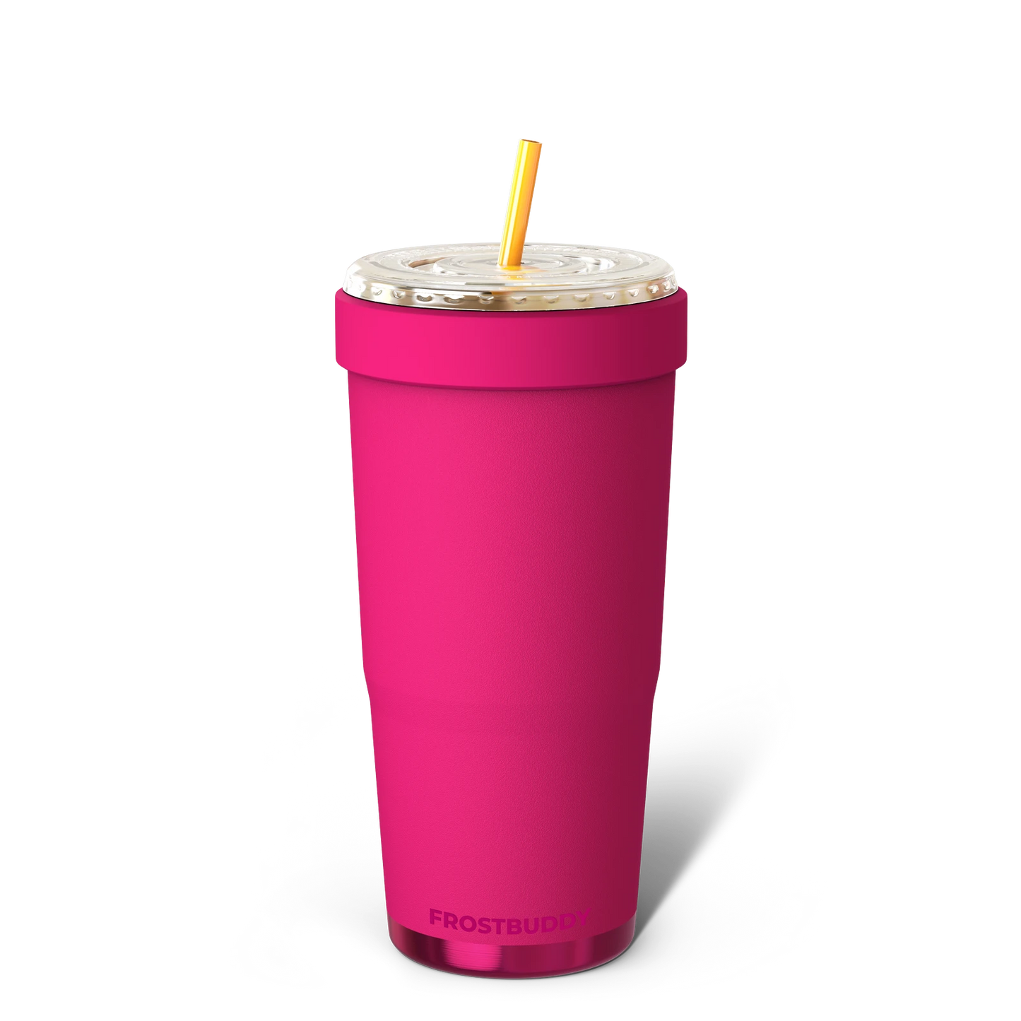 Doodlations Coffee Bar & Boutique pink stainless steel tumbler with lid and yellow straw. Holds 32oz.