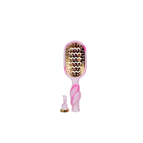 Doodlations Coffee Bar & Boutique mini vented hair brush in a unique pink and white tie-dye swirl with coil handle.
