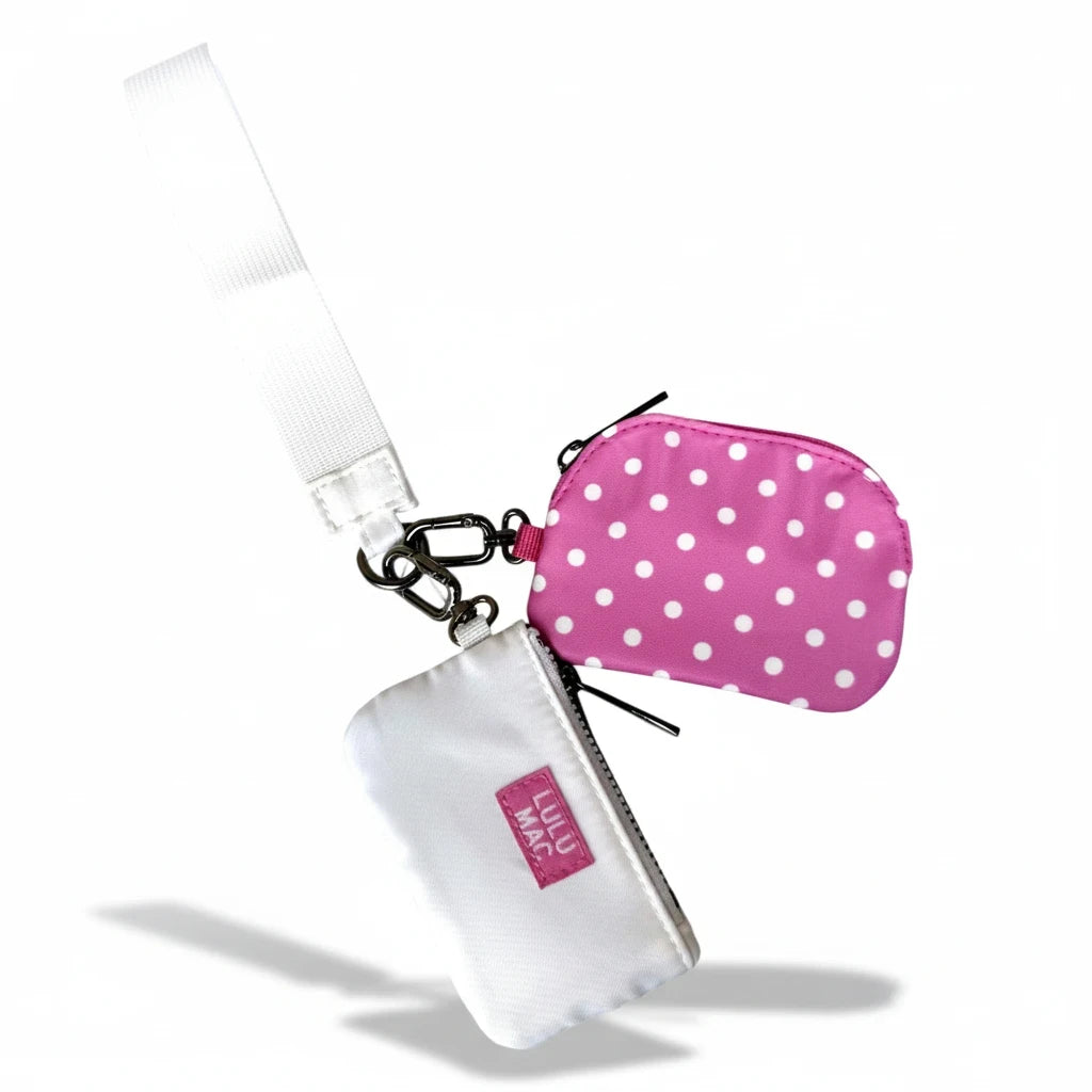 Doodlations Coffee Bar & Boutique Lulu Mac hot pink and white polka dot double pouch wristlet with white strap