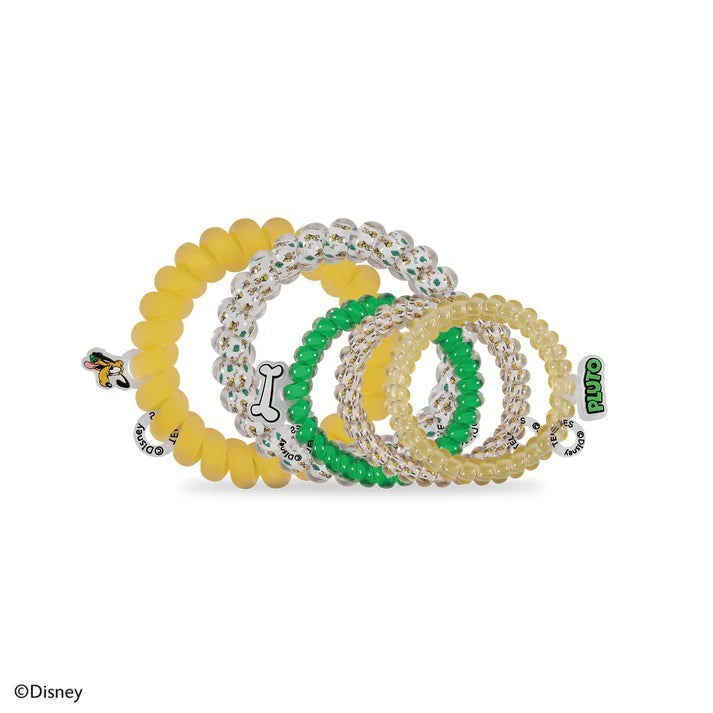 Doodlations Coffee Bar & Boutique Disney Pluto TELETIES spiral hair tie mix pack in yellow, green, and clear patterns.