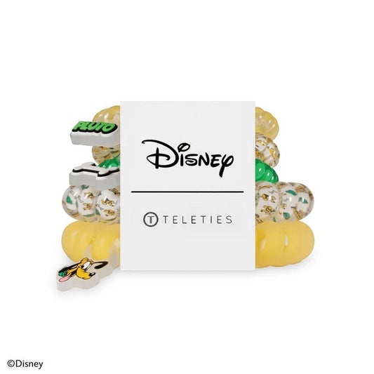 Doodlations Coffee Bar & Boutique Disney Pluto TELETIES mix pack with yellow and patterned spiral hair ties.