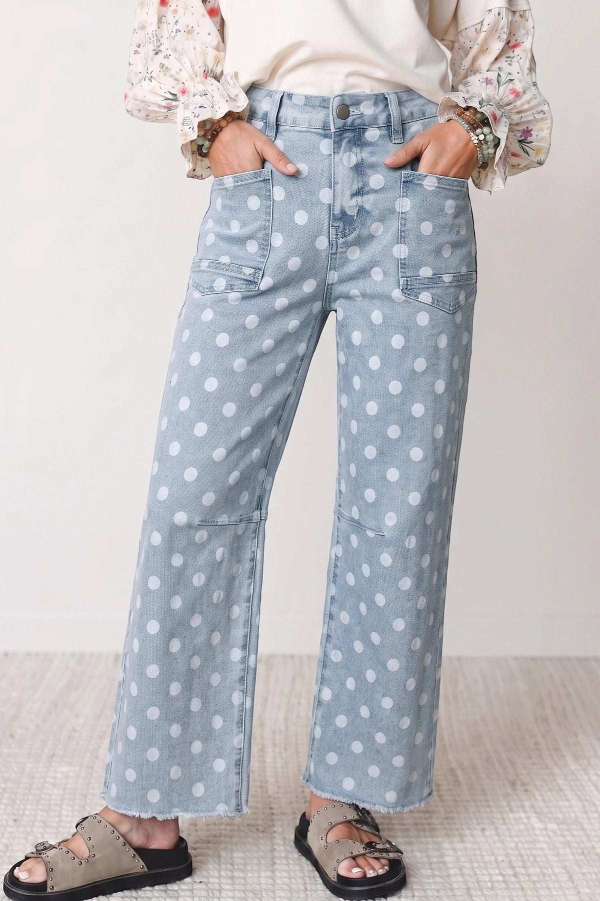Doodlations Coffee Bar & Boutique sky blue polka dot slim fit jeans with front patch pockets and raw hem