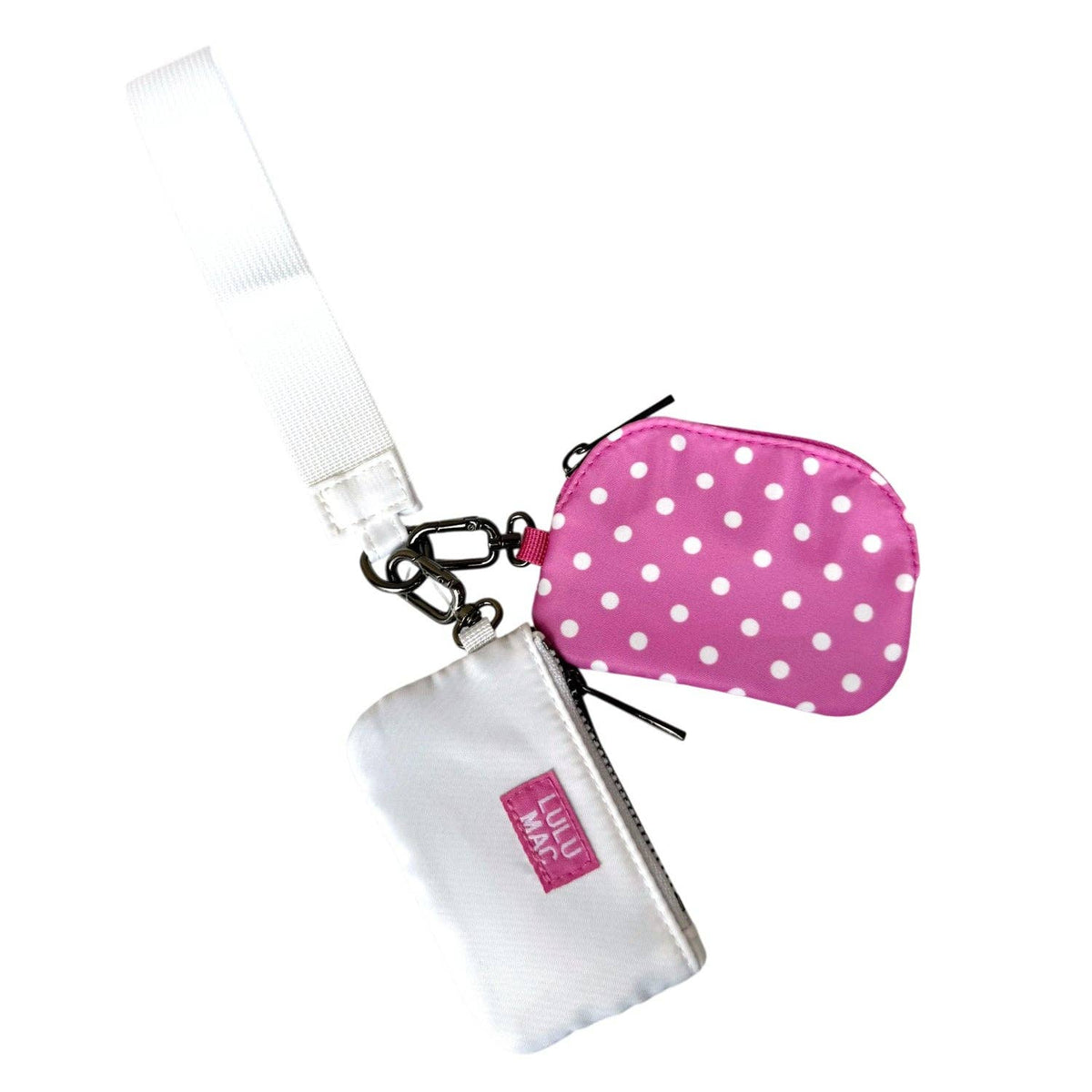 Doodlations Coffee Bar & Boutique Lulu Mac double pouch wristlet in hot pink with white polka dots and white canvas.