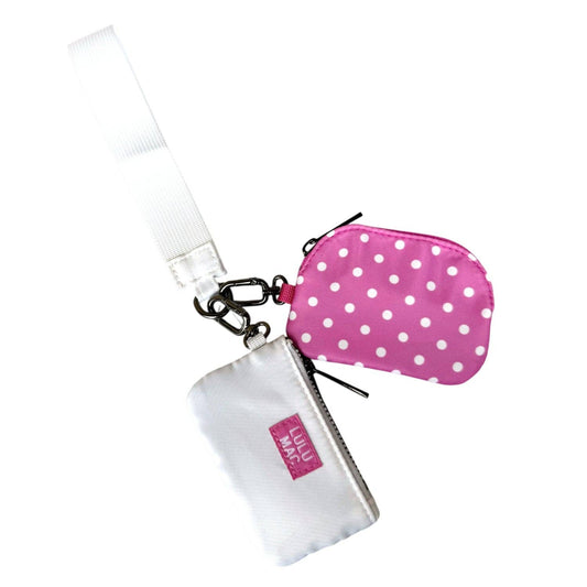 Doodlations Coffee Bar & Boutique Lulu Mac double pouch wristlet in hot pink with white polka dots and white canvas.