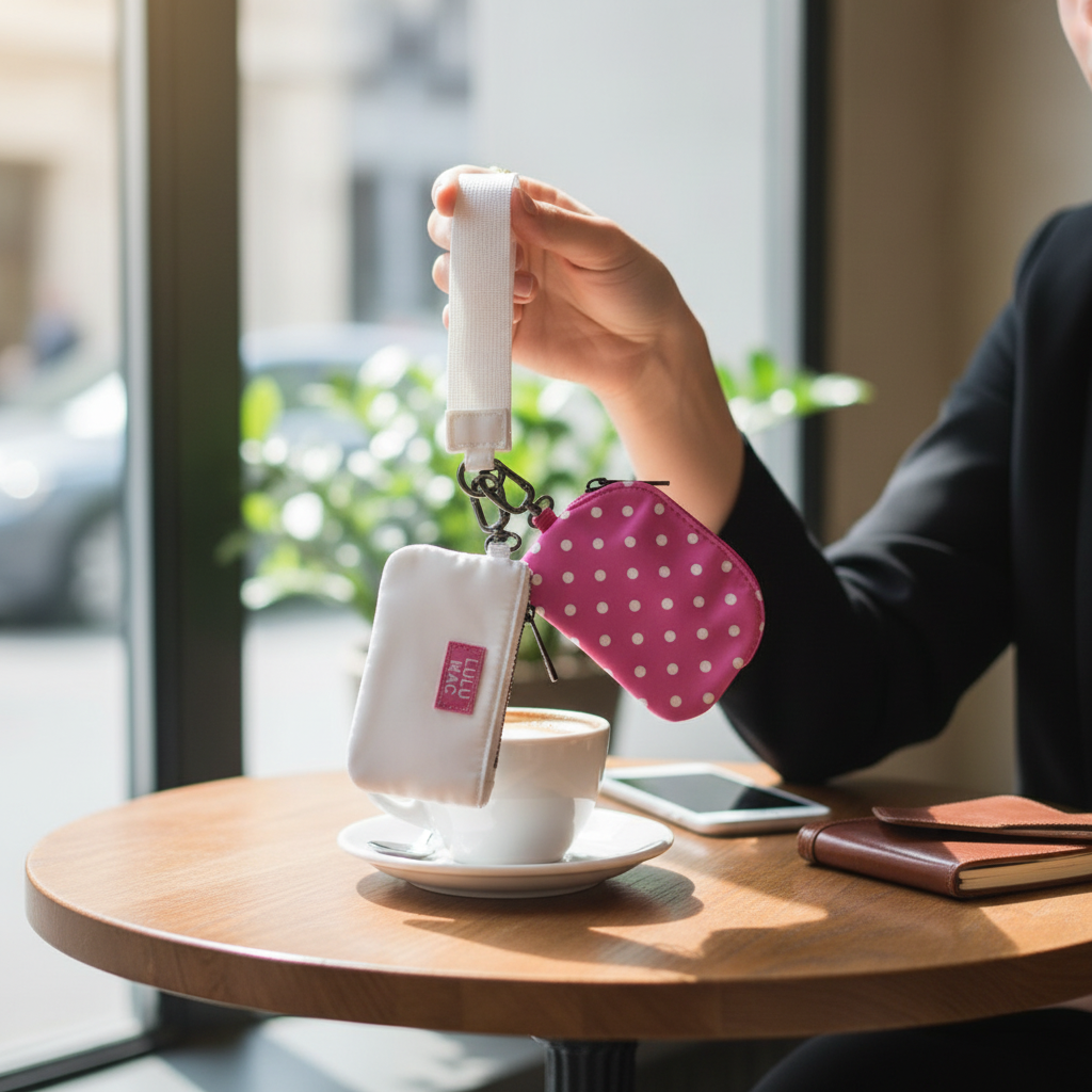 Doodlations Coffee Bar & Boutique Lulu Mac hot pink and white polka dot double pouch wristlet held over a coffee cup.