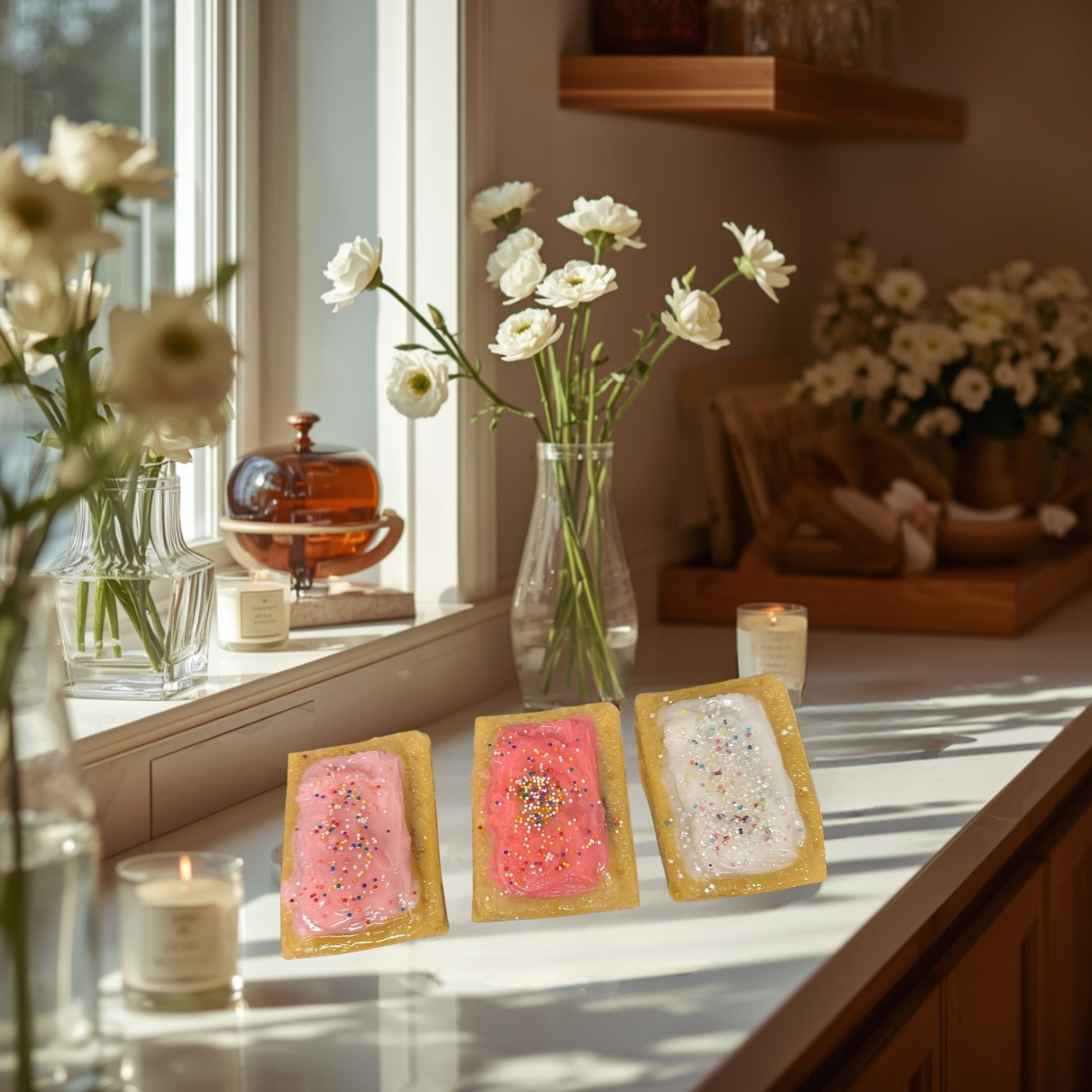 Doodlations Coffee Bar & Boutique PopTart Wax Melts in pink, coral, and white frosting with sprinkles.
