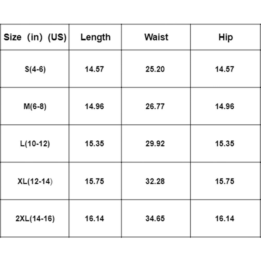 Doodlations Coffee Bar & Boutique size chart for printed high waisted shorts: S(4-6) Length 14.57 Waist 25.20 Hip 14.57, M(6-8) Length 14.96 Waist 26.77 Hip 14.96, L(10-12) Length 15.35 Waist 29.92 Hip 15.35, XL(12-14) Length 15.75 Waist 32.28 Hip 15.75, 2XL(14-16) Length 16.14 Waist 34.65 Hip 16.14.