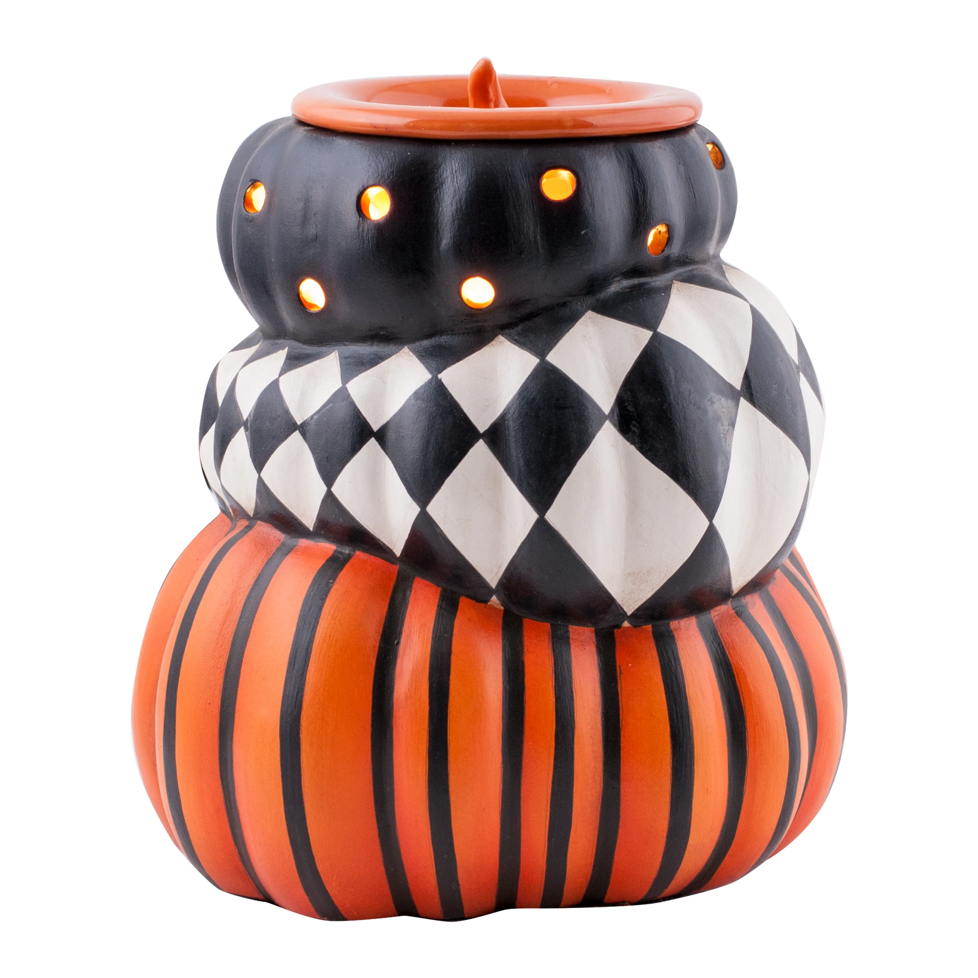 Doodlations Coffee Bar & Boutique ceramic stacked pumpkin wax warmer with black, orange, and harlequin patterns.
