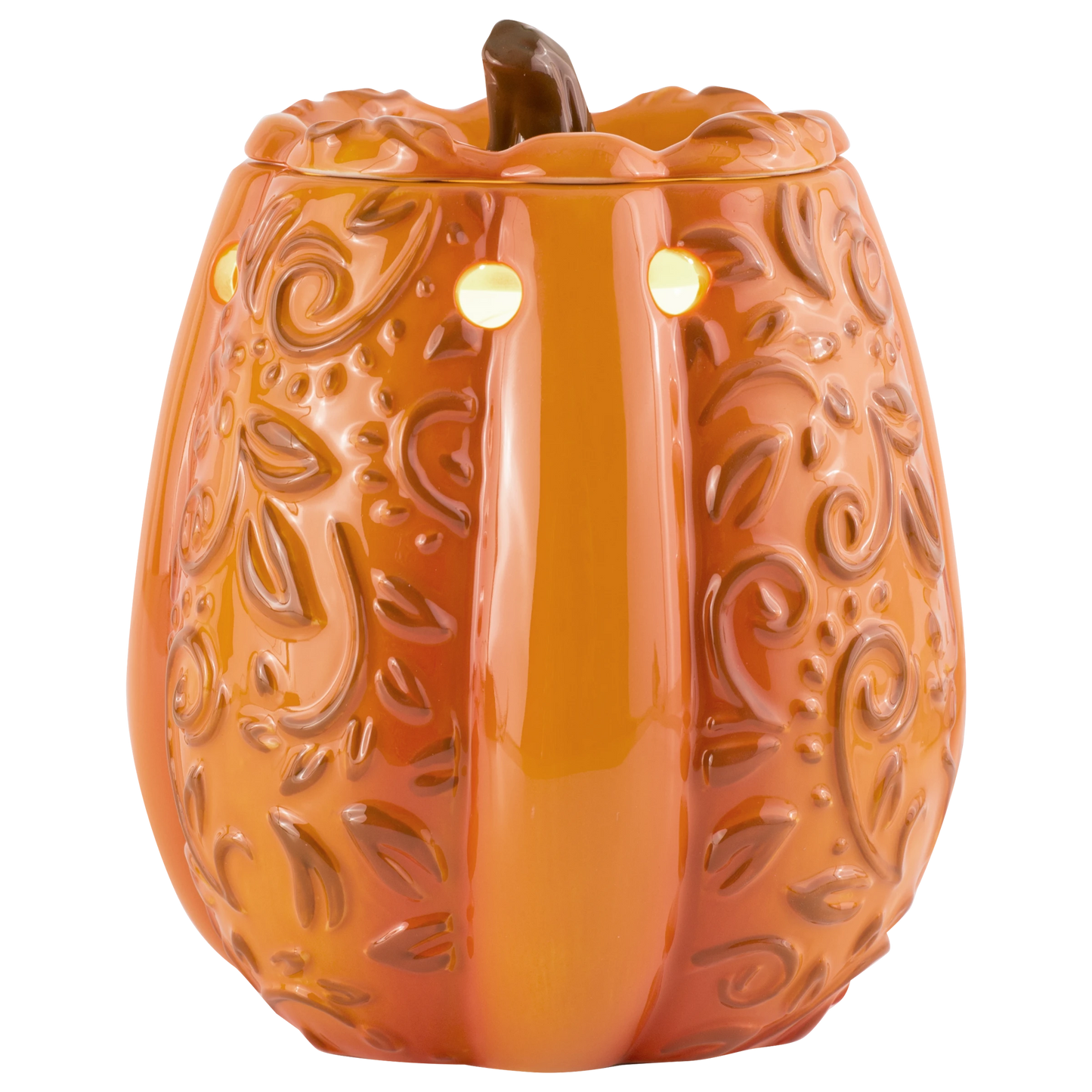 Doodlations Coffee Bar & Boutique orange ceramic pumpkin wax warmer with embossed scrollwork and brown stem
