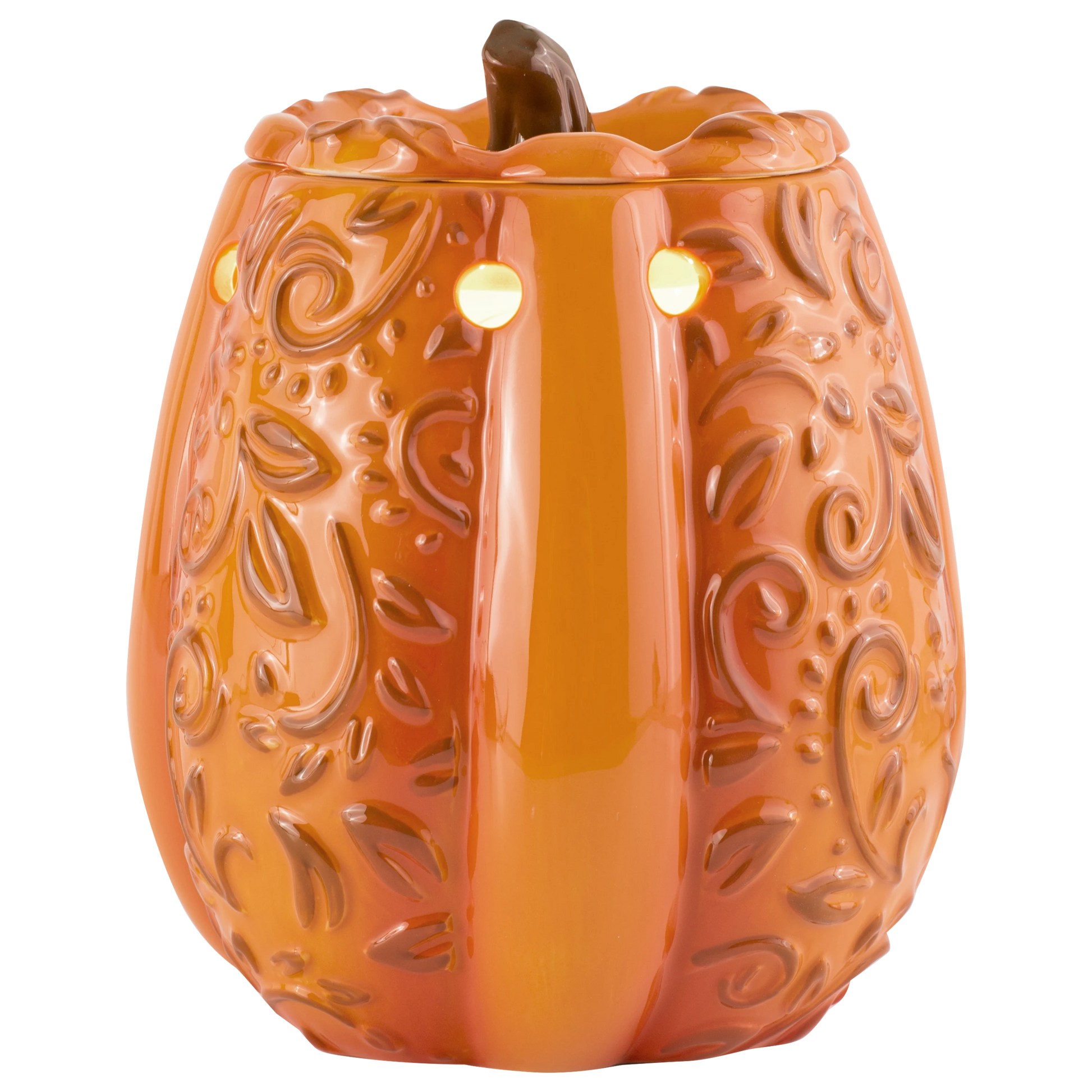 Doodlations Coffee Bar & Boutique orange ceramic pumpkin wax warmer with embossed scrollwork and brown stem