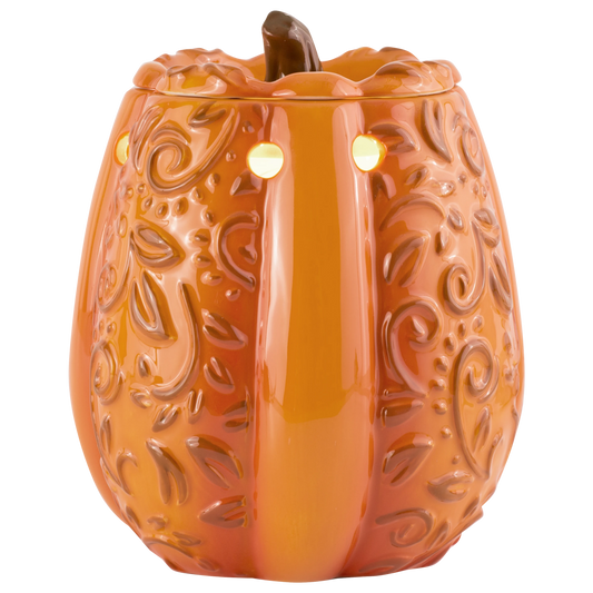 Doodlations Coffee Bar & Boutique orange ceramic pumpkin wax warmer with embossed scrollwork and brown stem