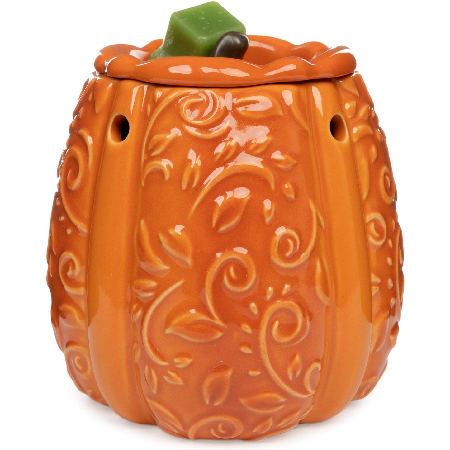 Doodlations Coffee Bar & Boutique orange ceramic pumpkin wax warmer with embossed scrollwork and green wax melt
