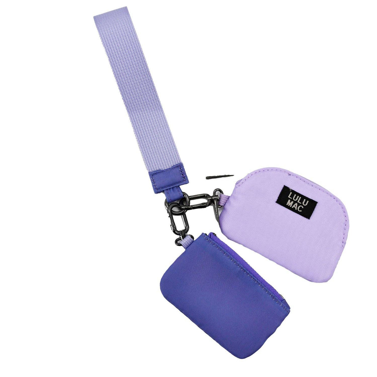 Doodlations Coffee Bar & Boutique Lulu Mac double pouch wristlet in purple and lavender with a matching wrist strap.