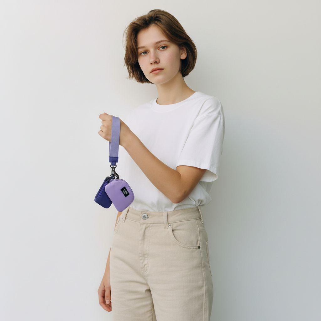 Doodlations Coffee Bar & Boutique Lulu Mac double pouch wristlet in purple and lavender held by a young woman.