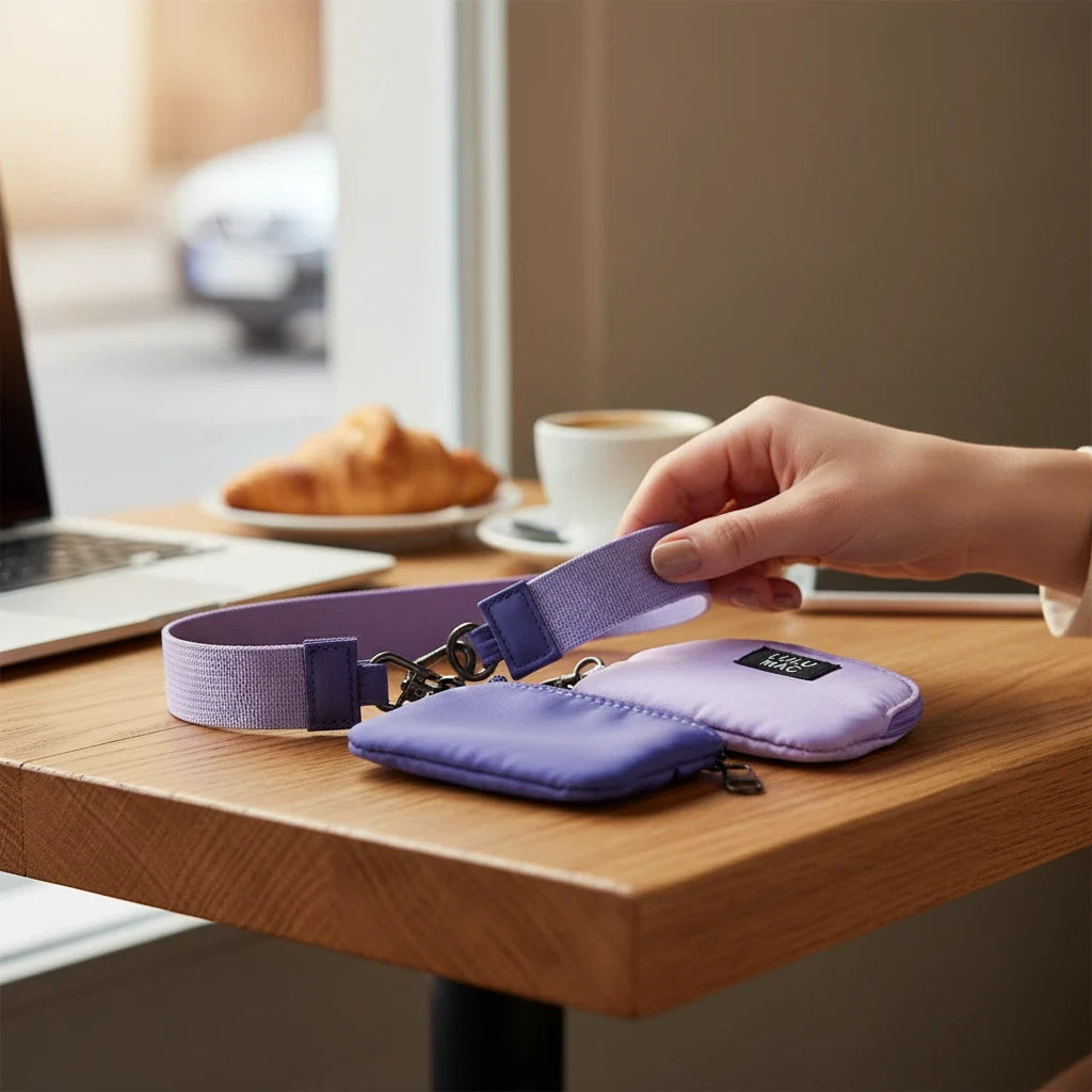 Doodlations Coffee Bar & Boutique Lulu Mac double pouch wristlet in purple and lavender on a wooden cafe table.