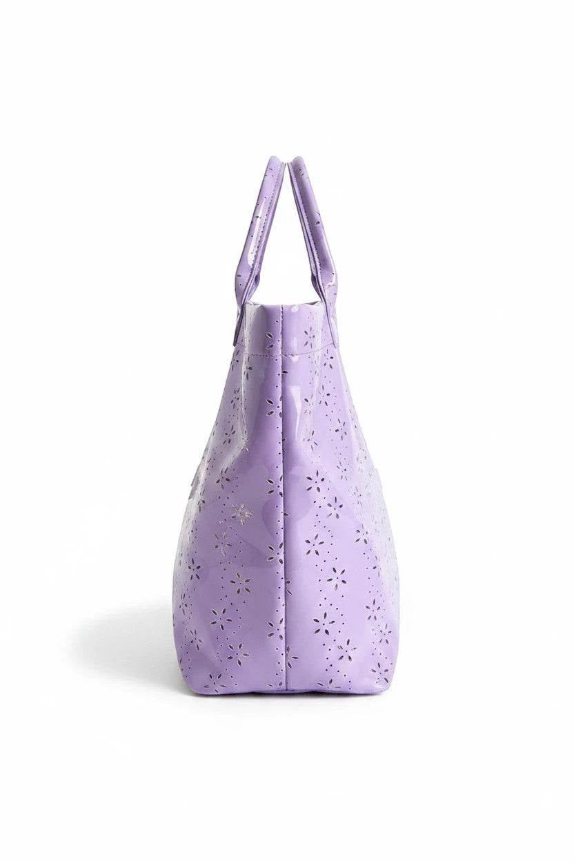 Doodlations Coffee Bar & Boutique purple tote bag with glossy finish and delicate flower eyelet pattern.