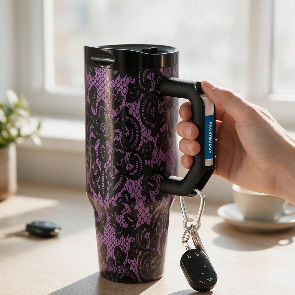 Doodlations Coffee Bar & Boutique 40oz Frost Buddy tumbler in purple with a black lace pattern and ergonomic handle.