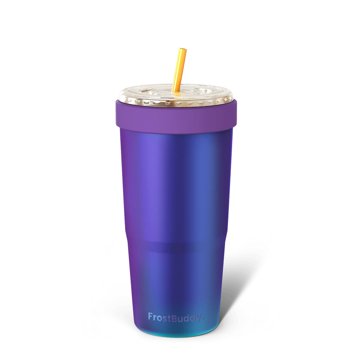 Doodlations Coffee Bar & Boutique Frost Buddy To-Go Buddy tumbler in a metallic purple gradient with a gold straw.