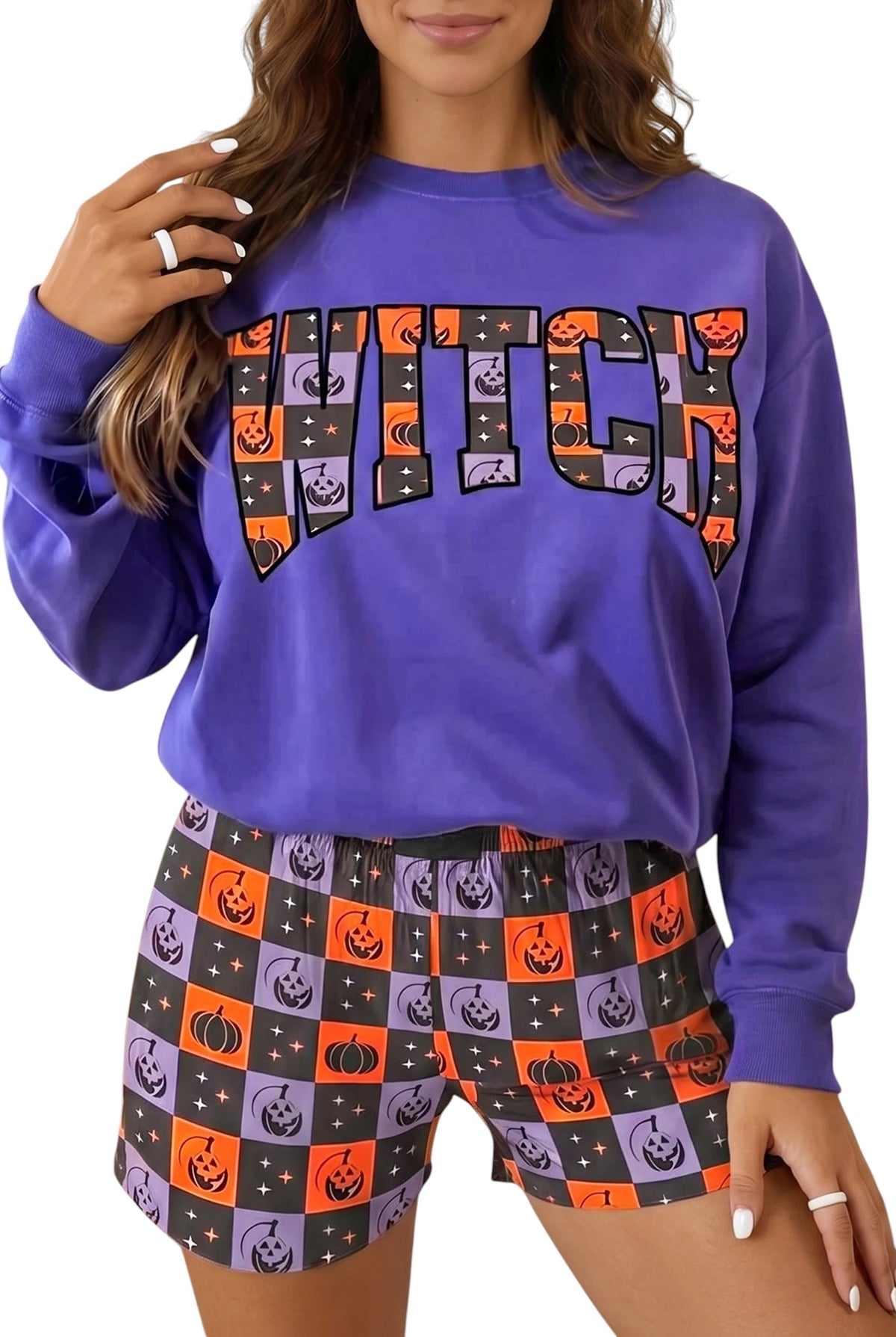 Doodlations Coffee Bar & Boutique purple long sleeve sweatshirt and checkered shorts set with orange pumpkin print